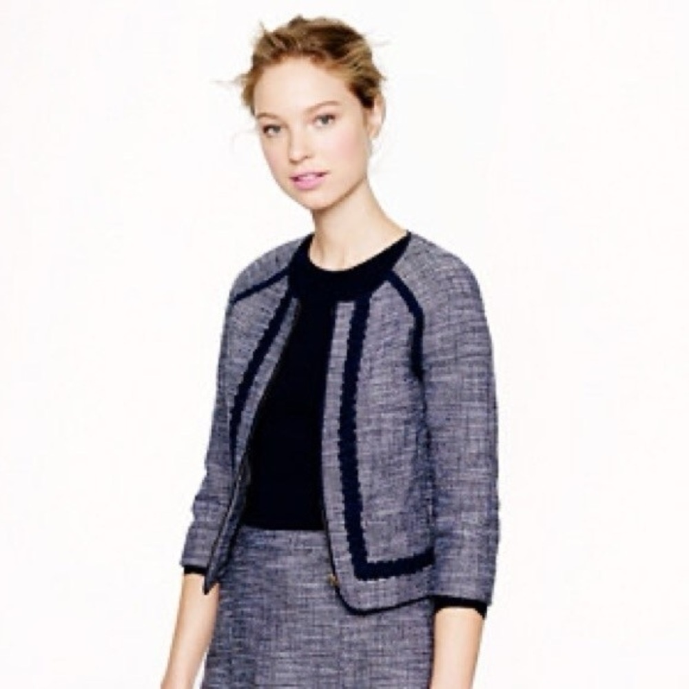 J.Crew collarless zip up cropped tweed jacket and skirt suit P00